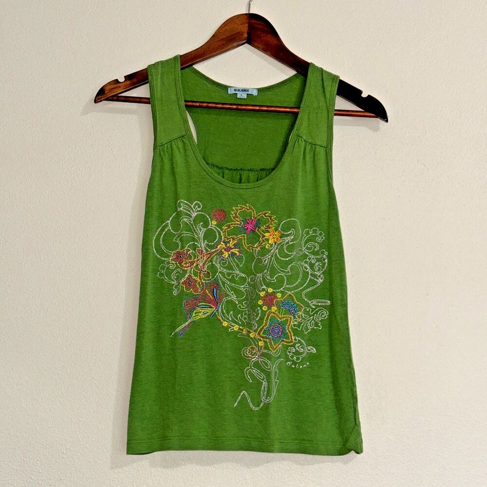 Baleno Women's Shirt Top‎ Tank Green Floral Embroidered Sleeveless Size L